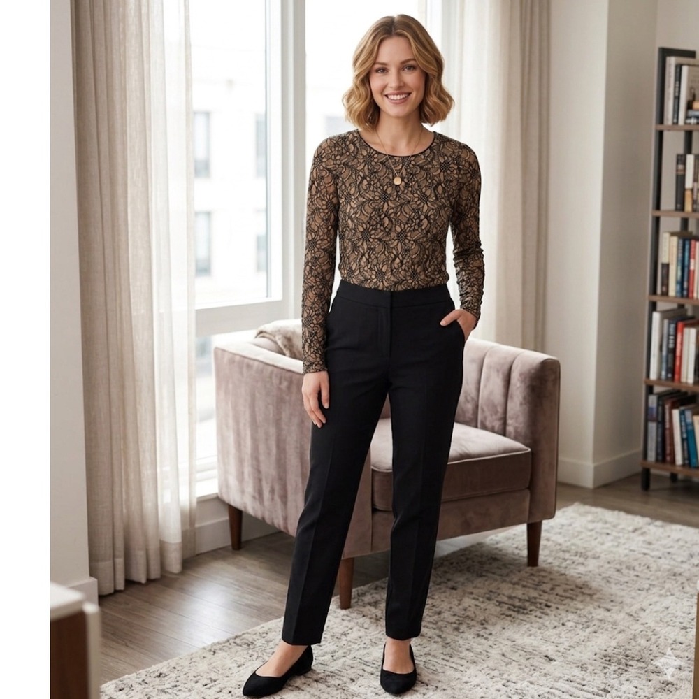 Chico's Black Tan Floral Lace Long Sleeve Scoop Neck Lined Top Size 0 Small